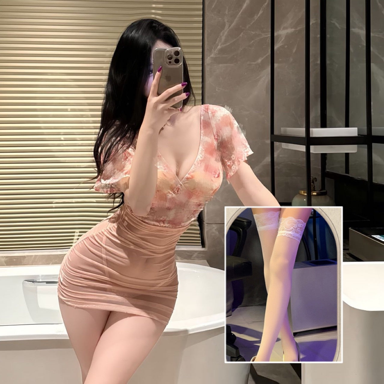 Image of Ji Feiman sexy lingerie sexy see-through deep V floral rose gauze high waist hip skirt uniform set qqny